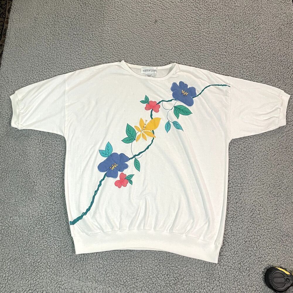 VTG Easton Park T Shirt Women's Short Sleeve Floral Embroidery 90s XL